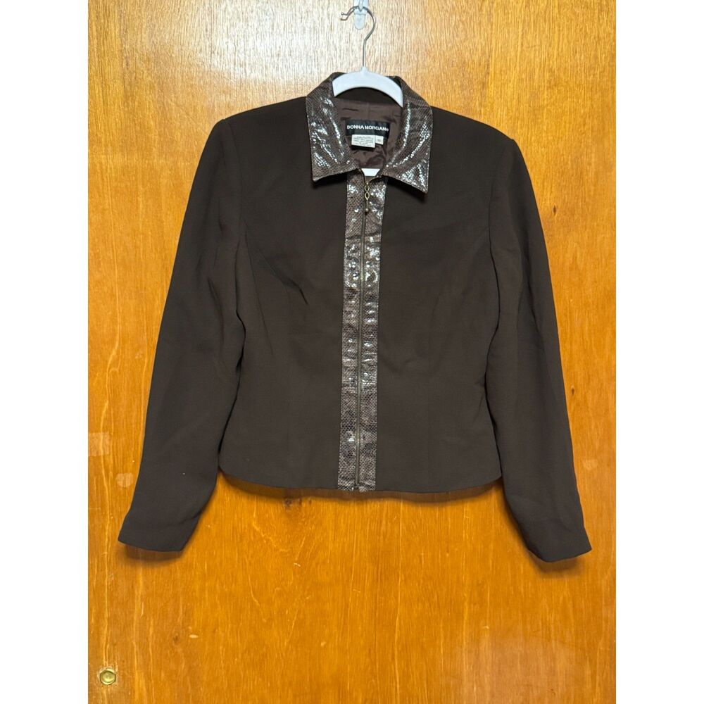 Donna Morgan Blazer Jacket Womens Size 10 Black Faux Snakeskin Trim Zip Front